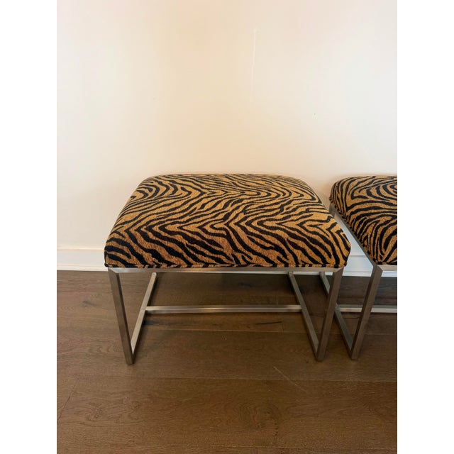 Black Pair of Ethan Allen Black & Gold Tiger-Print Ottoman Stools For Sale - Image 8 of 9