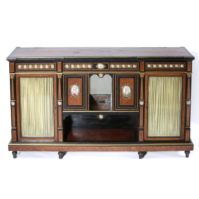 Early 19th century Louis XVI style ebonized fruitwood parquetry with inlaid porcelain and inserted guilloche gilt brass...