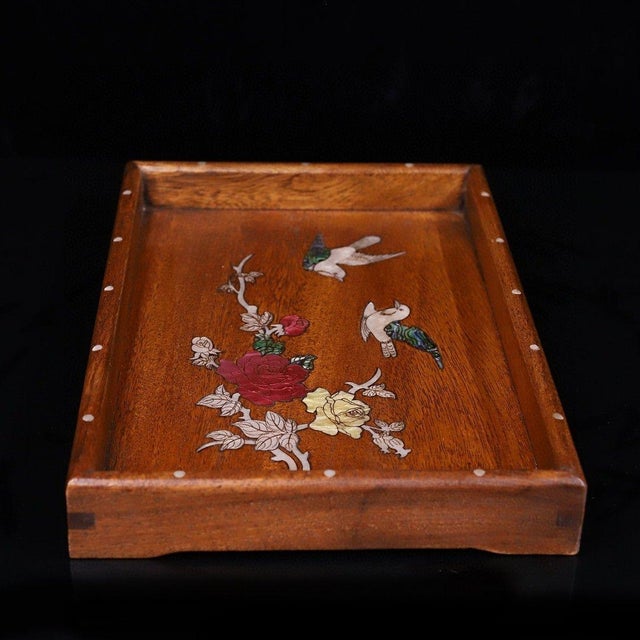 Wood Huali Rosewood Tray Inlaid With Mother-of-Pearl Birds & Roses For Sale - Image 7 of 9
