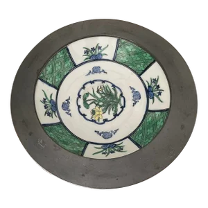 1940s Asian Hand-Painted Porcelain and Pewter Catchall Bowl