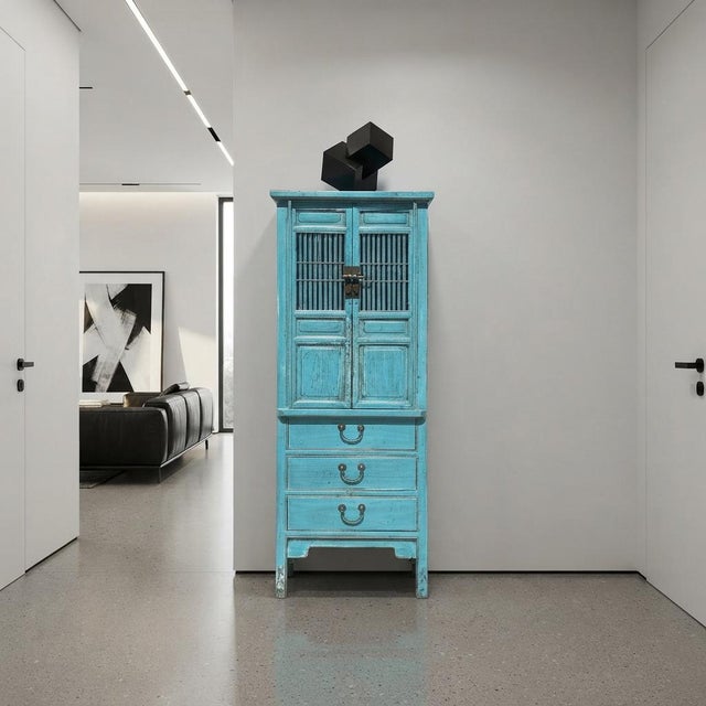 Wood Distressed Aqua Blue Slim Wood Carving Shutter Doors Storage Cabinet For Sale - Image 7 of 8