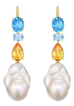 GemFusion 13.15ctw Topaz Aquamarine Citrine Diamond Baroque Pearl Earrings in 14k Yellow Gold-Set of 2
