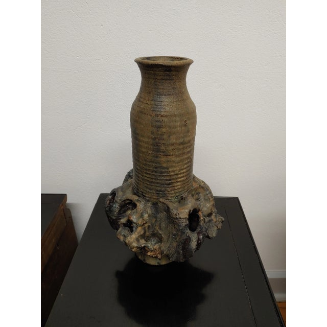 Contemporary Vintage New York Artisan Organic Free Form Stoneware Vase For Sale - Image 3 of 8