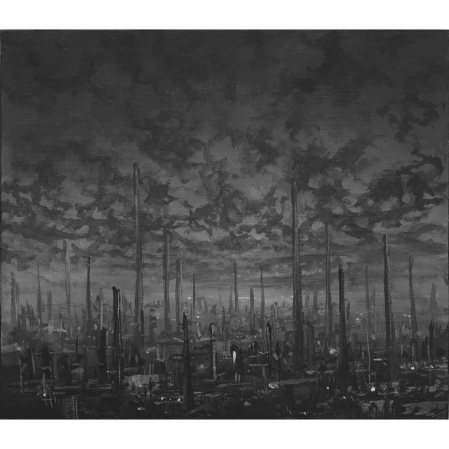 Regression by Todd Carpenter | Acrylic on Board abstract landscape with dark clouds and vertical lines For Sale