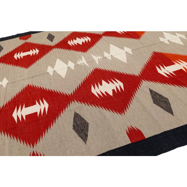 Native American 9x12 Modern Navajo-Inspired Wool Flat-Weave Rug in Terracotta & Cream For Sale - Image 3 of 10
