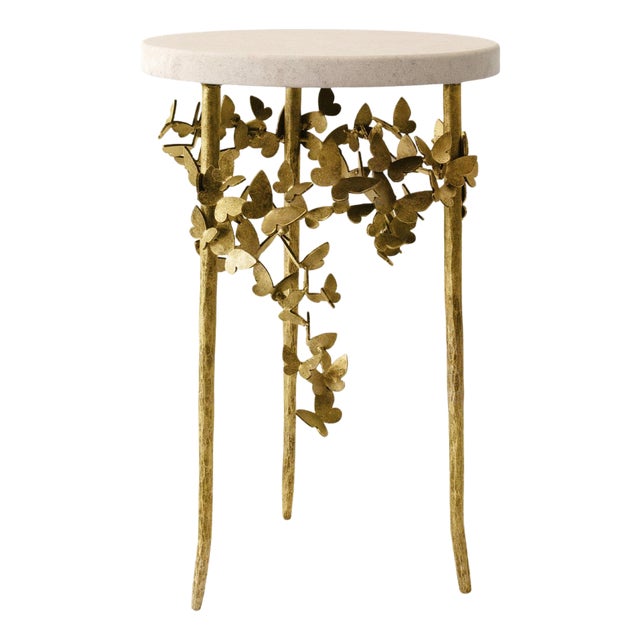 Brilliant Gold Butterfly Accent Table Travertine For Sale