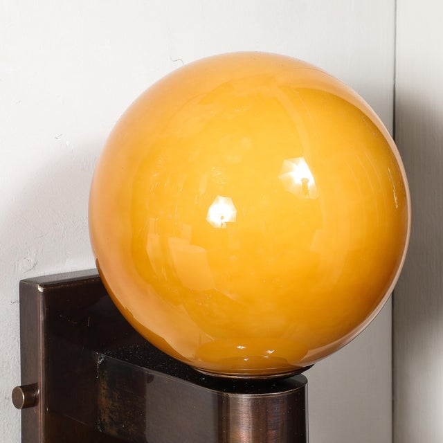 Modernist Hand-Blown Murano Smoked Golden Moon Hue Glass Double Sphere Sconces For Sale - Image 11 of 12