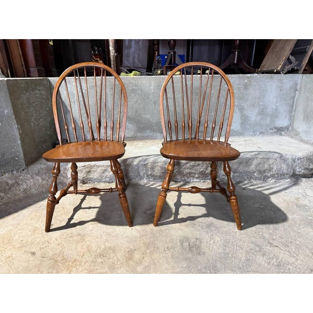 Farmhouse Set of 4 Nichols & Stone Brace Back Windsor Style Oak Side Chairs For Sale - Image 3 of 17