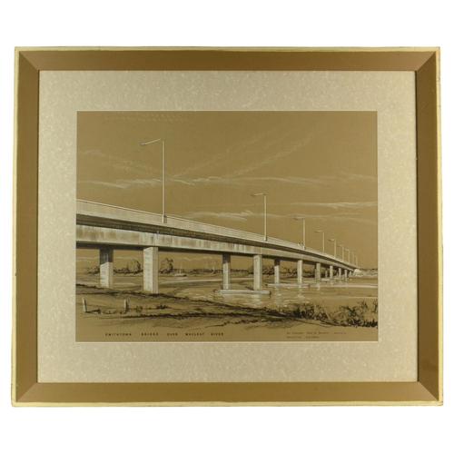 Gibb, Architectural Drawing of Smithtown Bridge, Australia, 1950s, Charcoal & Crayon For Sale - Image 9 of 9