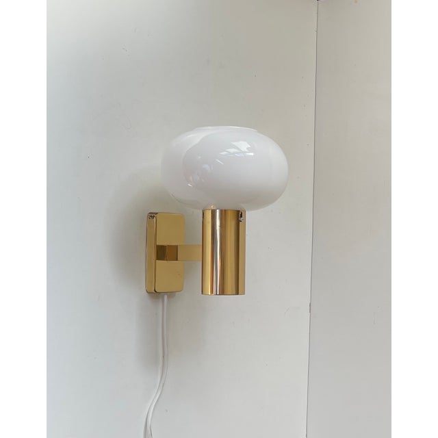 1960s Vintage Scandinavian Brass Wall Lamp with Opaline Glass Mushroom Shade, 1960s For Sale - Image 5 of 10