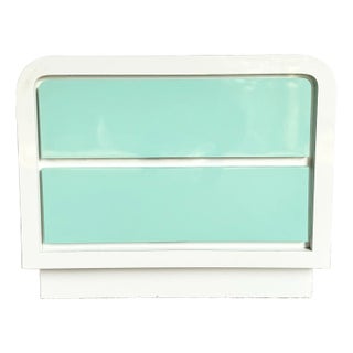 1980s Postmodern White and Turquoise Lacquer Laminate Waterfall Nightstand For Sale