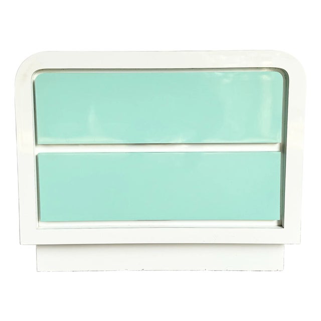 1980s Postmodern White and Turquoise Lacquer Laminate Waterfall Nightstand For Sale