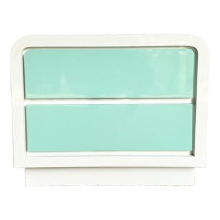 Postmodern White and Turquoise Lacquer Laminate Waterfall Nightstand For Sale