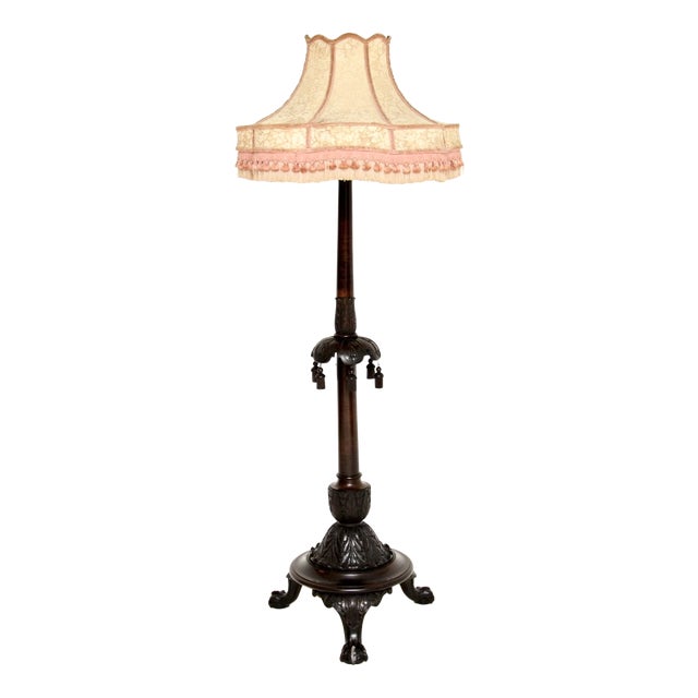 Antique Victorian Floor Lamp in Carved Mahogany, 1890 For Sale