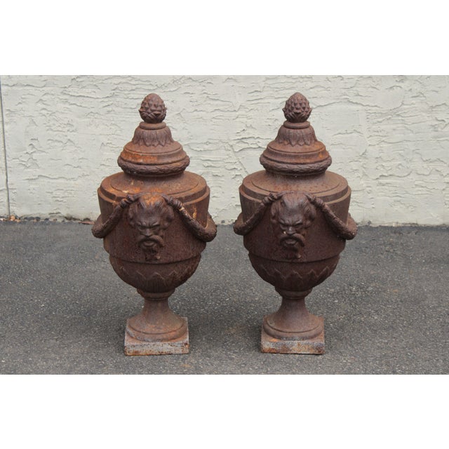 Classical Style Pair of Cast Iron Outdoor Garden Urns For Sale - Image 4 of 16