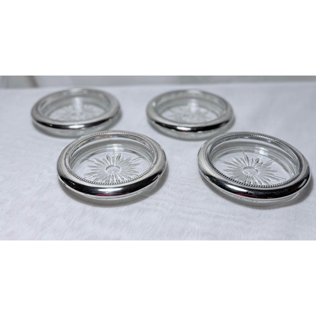 Vintage Sunburst Glass Coasters With Silver Tone Rim – Set of 4 For Sale - Image 4 of 11