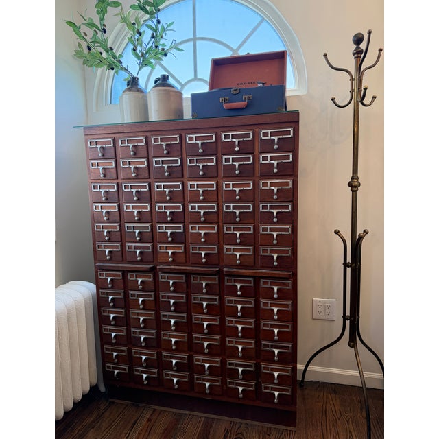 Brown Vintage Library Card Catalog Cabinet- Large Solid Wood Apothecary Style For Sale - Image 8 of 10