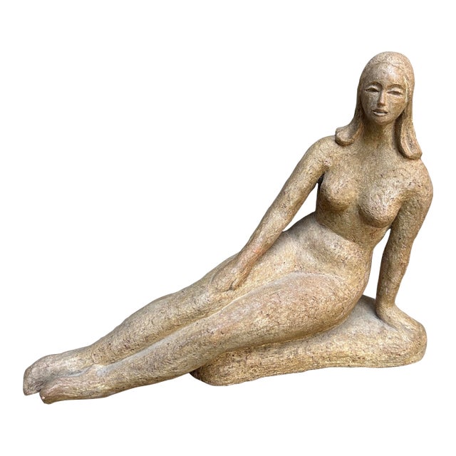 1970s Vintage Reclining Lady Nude Glazed Terra-Cotta Sculpture For Sale