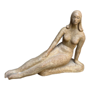 1970s Vintage Reclining Lady Nude Glazed Terra-Cotta Sculpture