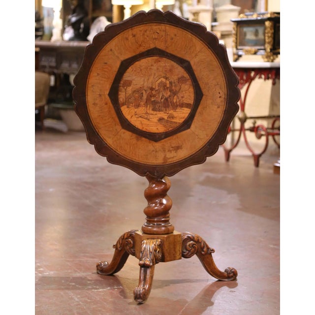Mid 19th Century 19th Century Swiss Black Forest Walnut Tilt-Top Table With Marquetry Scene For Sale - Image 5 of 8