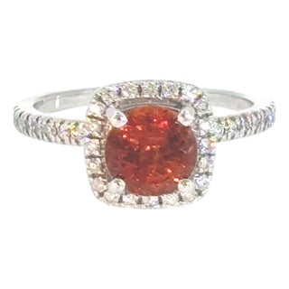 14k White Gold Orange Garnet and Diamond Halo Ring, Size 6.75 For Sale