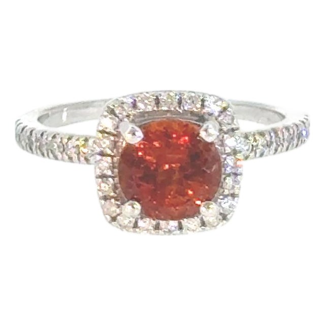 14k White Gold Orange Garnet and Diamond Halo Ring, Size 6.75 For Sale