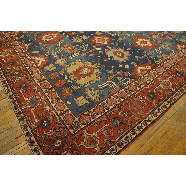 1880s Royal Blue Medallion Tribal Antique n.w. Persian Serapi Rug 12' X 14' 6" Wool Carpet For Sale - Image 17 of 18