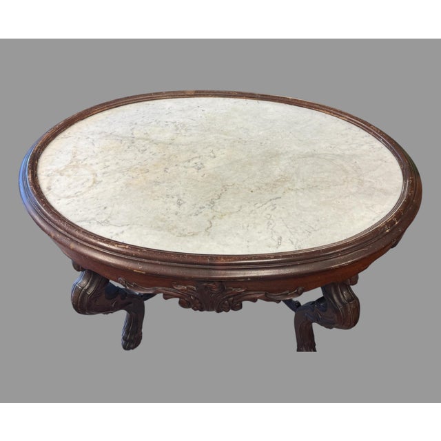 Brown Antique Victorian Oval Inset Walnut Marble Top Parlor Center Table Stand For Sale - Image 8 of 12