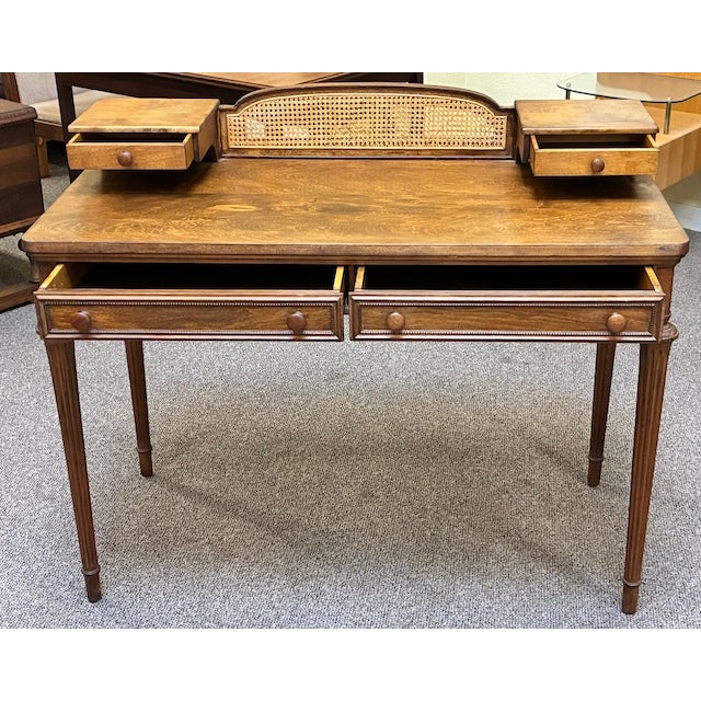 Wood Walnut Writing Desk With Drawers and Wicker Accents With Complimentary Matching Wooden Wicker Chair For Sale - Image 7 of 13
