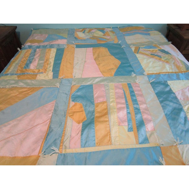 Vintage 60's Satin Crazy Quilt 15 Blocks Hand Tied Long Twin Percale Back Guc For Sale - Image 4 of 11