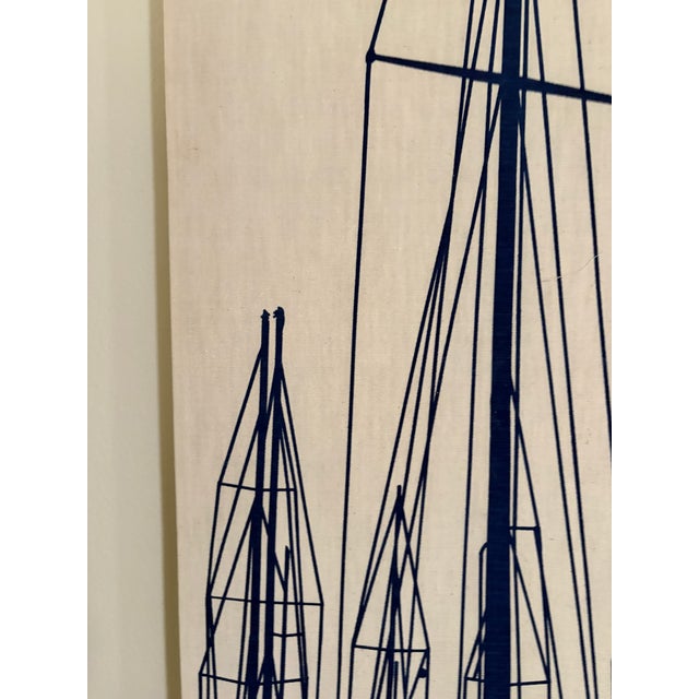 1970s Vintage Marüshka Navy Blue Sailboats Nautical Screen Print on Canvas For Sale - Image 5 of 9