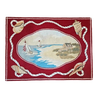 Claire Murray Design Hand-Hooked Wool Rug, Coastal Scene With Sailboats and Seashells For Sale