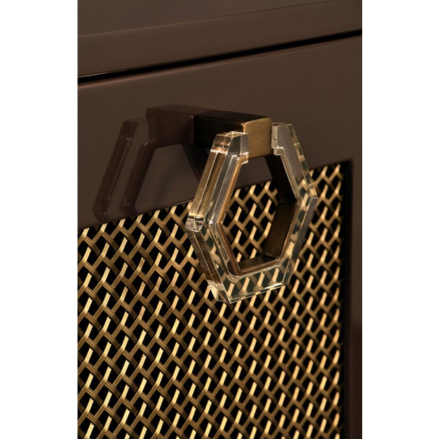 Chocolate Matthew Izzo Home Glossy Chocolate Brown Four Door Buffet Cabinet With Brass Mesh Doors and Acrylic Door Pulls For Sale - Image 8 of 9