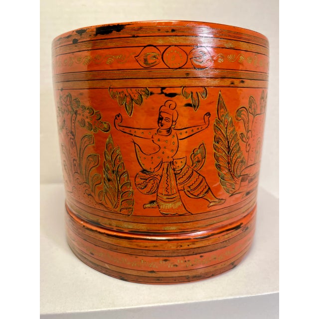 Antique Burmese Red Lacquered Hand-painted Betel Box "Kun-it" with Two Plates Aprox. dimensions: 6" x 6" Good condition!...