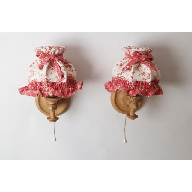 Swedish Pinewood Wall Lamps with Floral Textile Shades, 1970s, Set of 2 For Sale - Image 6 of 18