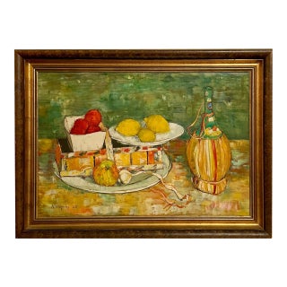 André Vignoles, French Oil Painting Andre Vignoles Farm Kitchen, Wine Flask, Fruits, Vegetables For Sale
