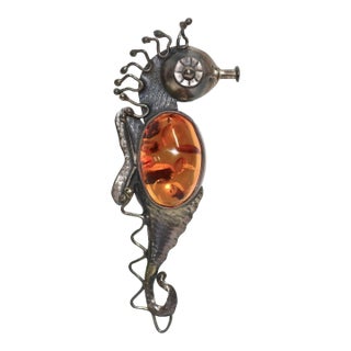 Mid 20th Century Modernist Sterling Amber Cabochon Sea Horse Brooch in the Style of Hector Aguilar For Sale