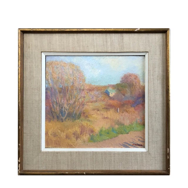 A colorful Mid 20th century American impressionist painting depicting a landscape with house in the trees. The painting...