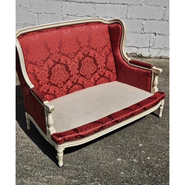 White Antique Louis XVI French Damask Canape Two-Seater Settee, 1900s For Sale - Image 8 of 18