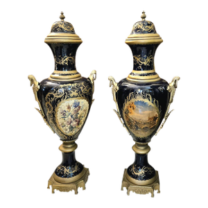 Midnight Blue French Style Porcelain Vase With Nature Artwork, Gold Leaf & Bronze Details