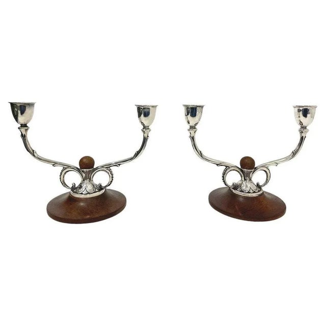 Wood Danish Silver 2-Light Candelabras attributed to A. Dragsted for Johannes Siggaard, 1943, Set of 2 For Sale - Image 7 of 7