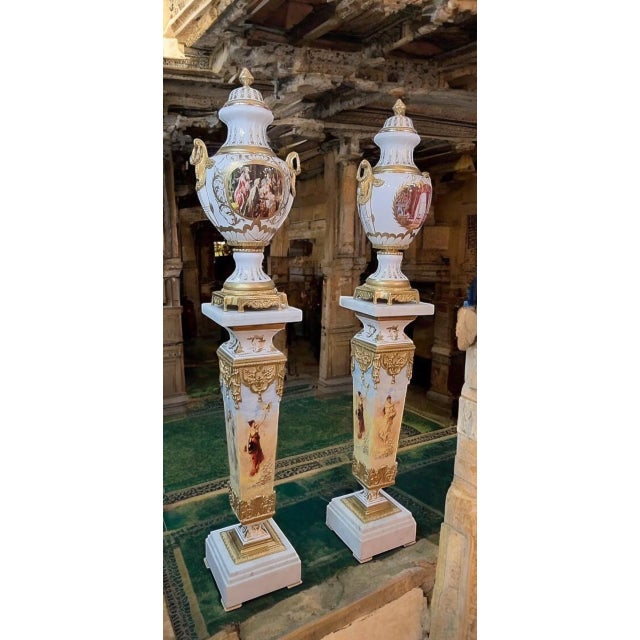Antique-Style Porcelain Urn Set on Pedestals Hand-Painted and Gilded For Sale - Image 4 of 4
