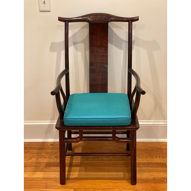 Chinese Yoke Back Scholar Chair with Custom Cushion. Classic style with cane seat. Wonderful coloring and lines.