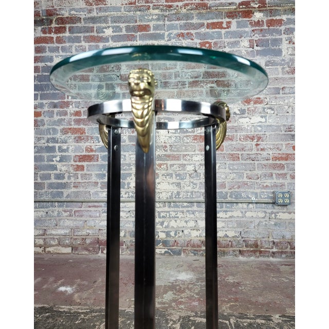 Pedestal Polished Stainless Steel Frame with 3 Brass Lion Heads & Glass Top For Sale - Image 4 of 9