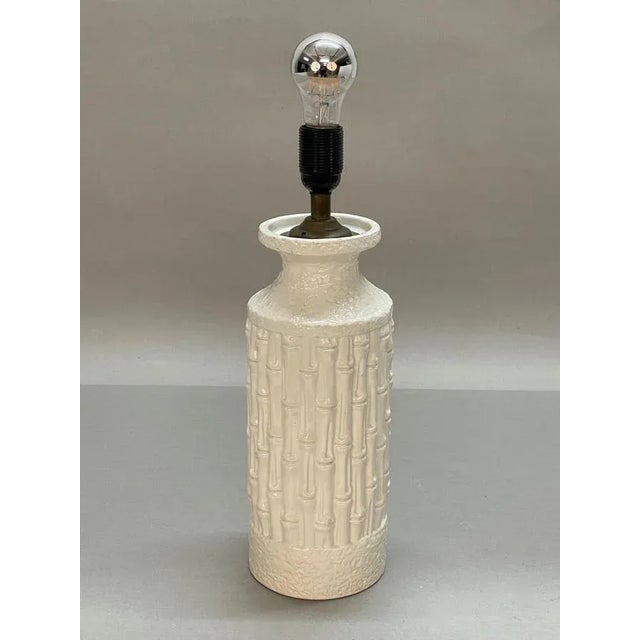 White Mid-Century Italian White Ceramic & Faux Bamboo Table Lamp by Tommaso Barbi, 1970s For Sale - Image 8 of 17