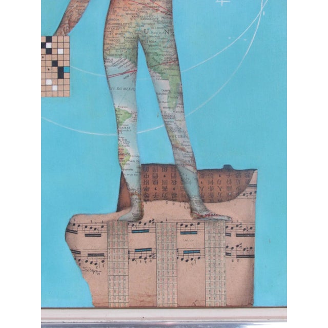 1962 Modernist Map Man on Musical Score with Blue Field Dated Collage Art For Sale - Image 4 of 9