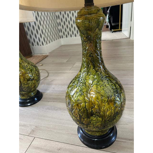 Olive Pair of Tall (41”) Green Vintage Lamps For Sale - Image 8 of 12