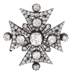 Mid 19th Century Georgian Gia 16 Carat Old Mine Cut Diamond Maltese Cross Gold on Silver Brooch