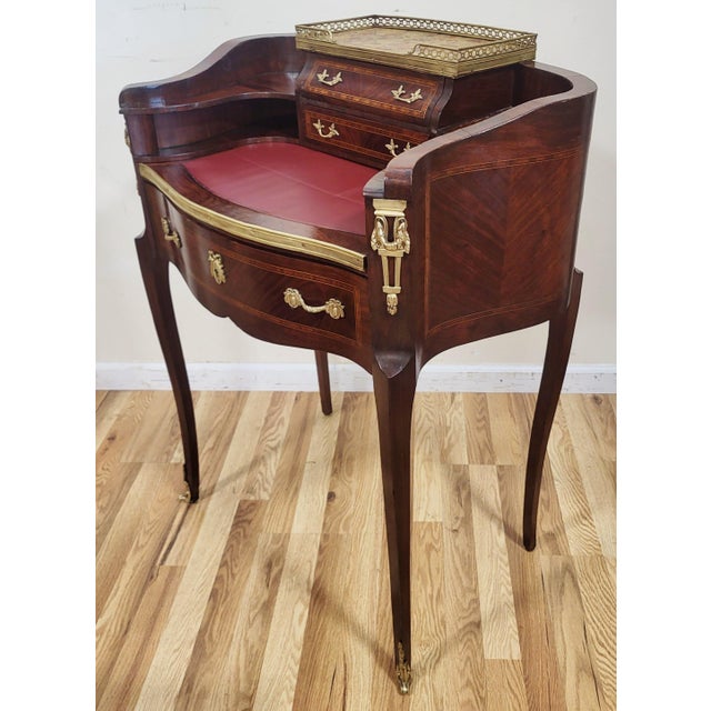 Antique French Louis XV Bronze Leather Slide & Marble Lady's Writing Desk For Sale - Image 4 of 18