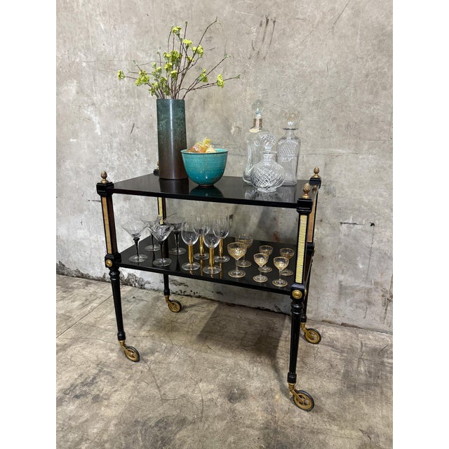 1940s Regency Ebonized & Bronze-Mounted Drinks Cart — In the Manner of Maison Jansen, Paris For Sale - Image 16 of 16
